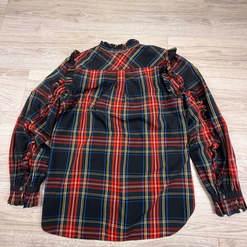 J.Crew Womens Red Tartan Plaid Ruffle Trim Cotton Top‎ Long Sleeve Medium - Picture 8 of 9